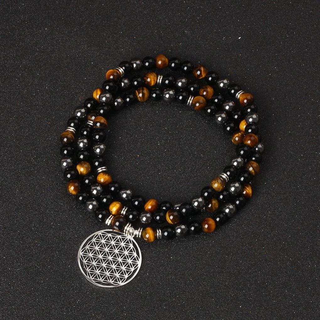 Bracelet Mala "Ancrage & Protection" en Oeil de Tigre, Obsidienne & Hématite - Bijou de Bien-être et Harmonie