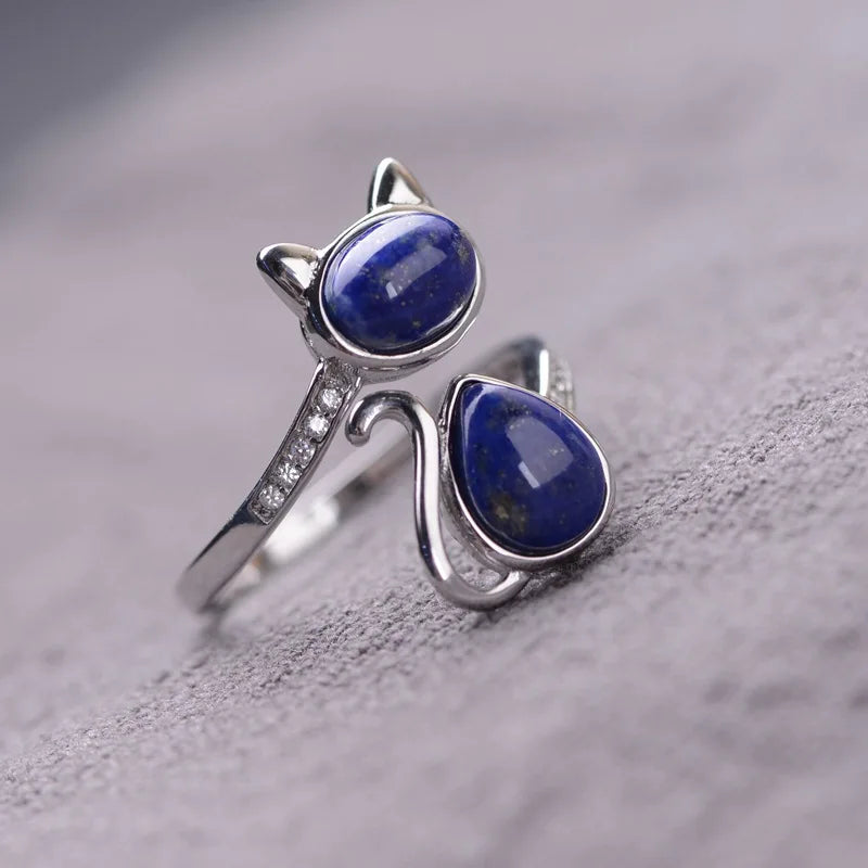 Bague Ajustable "Chat" en Lapis Lazuli - Bijou de Bien-être et Harmonie.