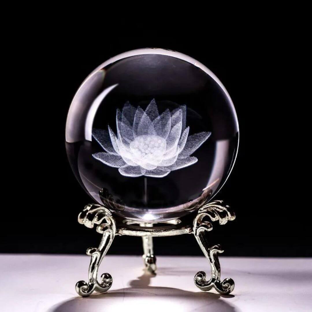 Boule de Cristal Fleur de Lotus avec Support - Bijou de Bien-être et Harmonie