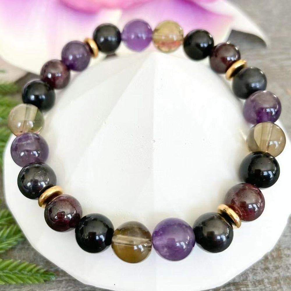 Bracelet "Harmonie & Protection" en Shungite, Quartz Fumé, Améthyste & Grenat - Bijou de Bien-être et Harmonie