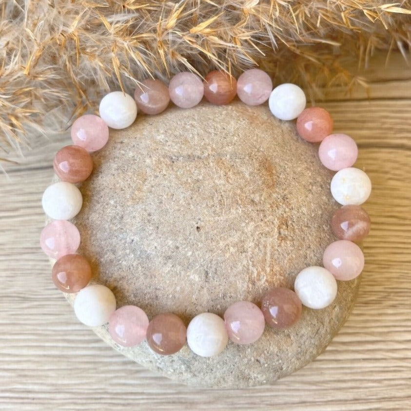 Bracelet "Vénus" en Pierre de Soleil, Quartz Rose & Pierre de Lune - Bijou de Bien-être et Harmonie