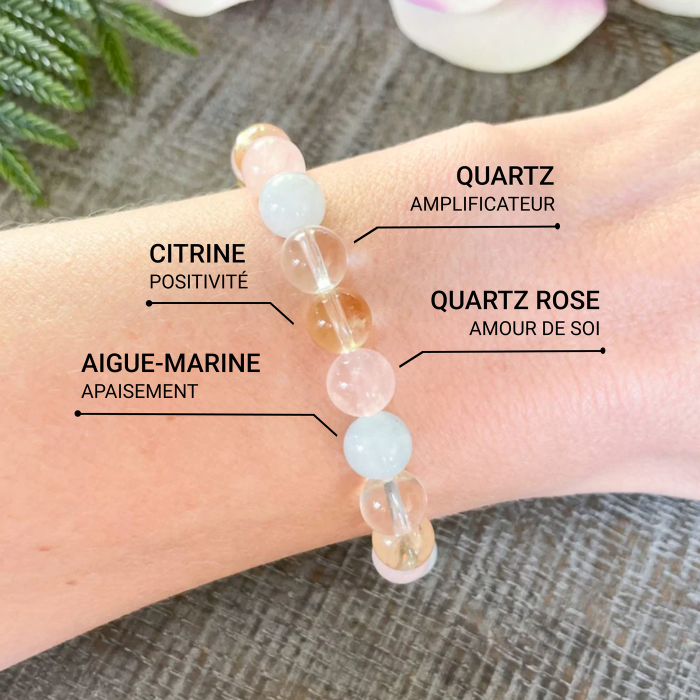 Bracelet "Existence" en Aigue-Marine, Quartz Rose, Citrine & Quartz - Bijou de Bien-être et Harmonie