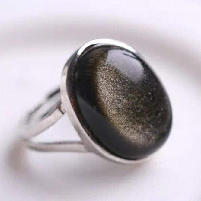 Bague Ajustable "Aura" en Obsidienne Dorée - Bijou de Bien-être et Harmonie.