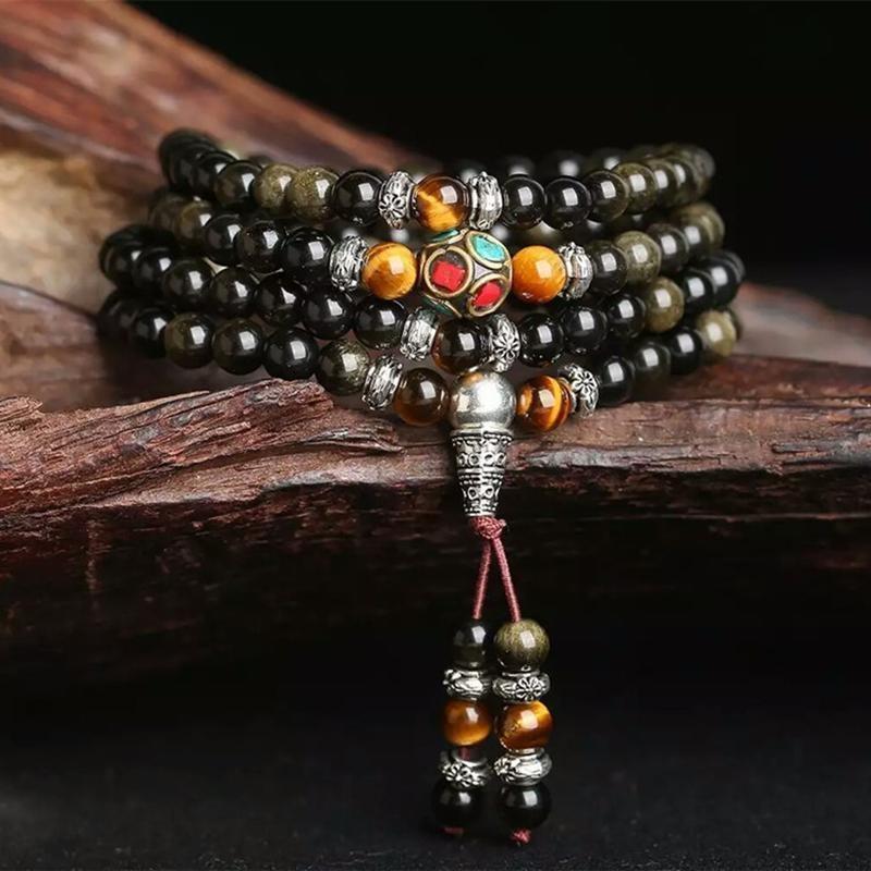 Bracelet Mala "Bouddhiste" en Obsidienne Noire & Dorée - Bijou de Bien-être et Harmonie