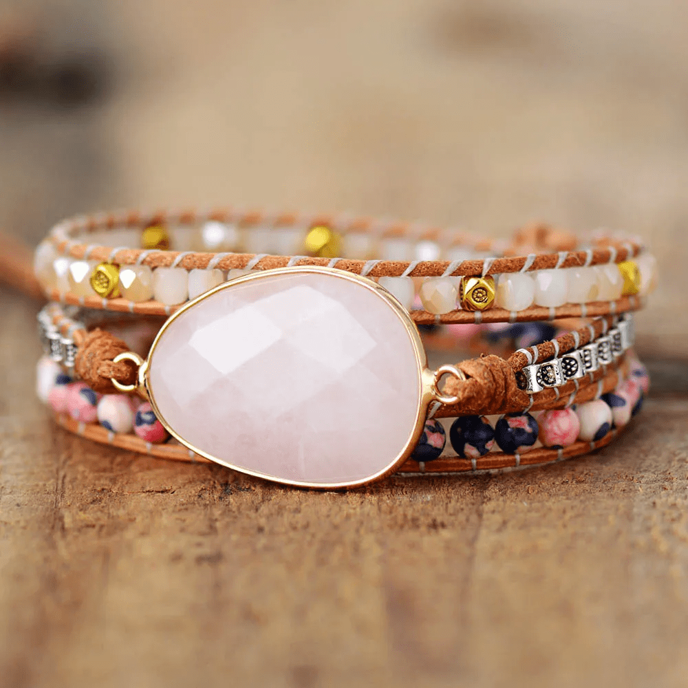 Bracelet Wrap "Douceur Équilibrée" en Quartz Rose - Bijou de Bien-être et Harmonie