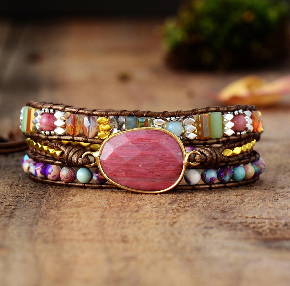 Bracelet Wrap "Guérison du Coeur" en Rhodochrosite - Bijou de Bien-être et Harmonie