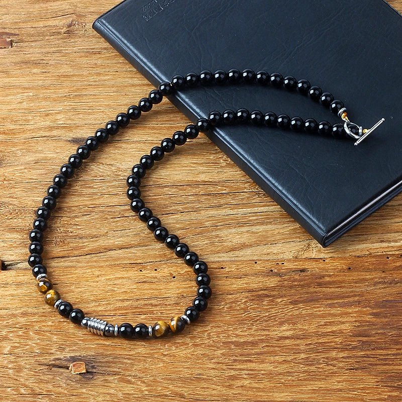 Collier "Bouclier de Sagesse" en Obsidienne Noire & Oeil de Tigre - Bijou de Bien-être et Harmonie