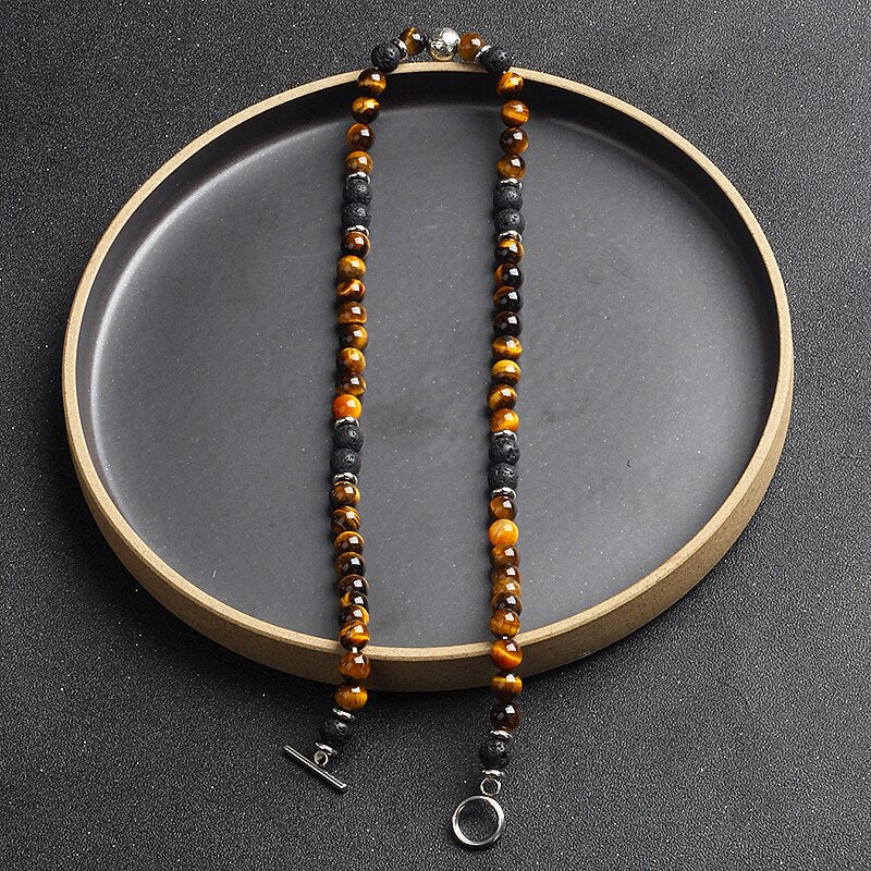 Collier "Énergie Terre & Feu" en Pierre de Lave & Oeil de Tigre - Bijou de Bien-être et Harmonie