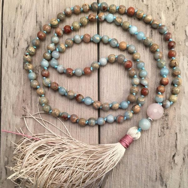 Collier Mala 108 Perles en Jaspe Aqua Terra, Amazonite & Quartz Rose - Bijou de Bien-être et Harmonie