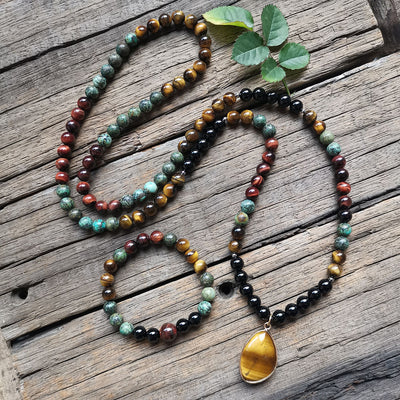 Collier Mala "Énergies Protectrices" en Oeil de Tigre, Oeil de Taureau, Turquoise Africaine & Onyx - Bijou de Bien-être et Harmonie