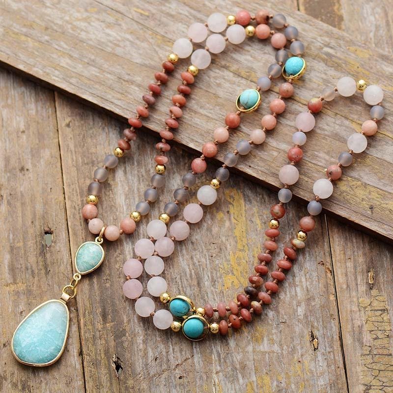 Collier Mala Ethnique en Turquoise, Amazonite, Quartz Rose & Rhodonite - Bijou de Bien-être et Harmonie