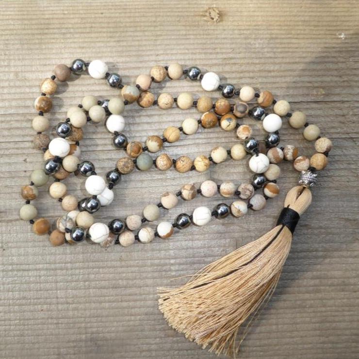 Collier Mala "Lucidité" en Jaspe Paysage, Hématite & Howlite - Bijou de Bien-être et Harmonie