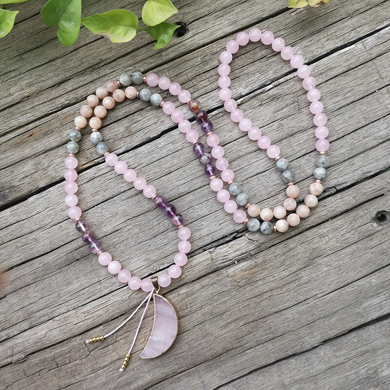 Collier Mala "Lune Rose" en Super 7, Pierre de Soleil, Quartz Rose & Labradorite - Bijou de Bien-être et Harmonie