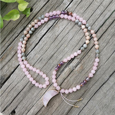 Collier Mala "Lune Rose" en Super 7, Pierre de Soleil, Quartz Rose & Labradorite - Bijou de Bien-être et Harmonie