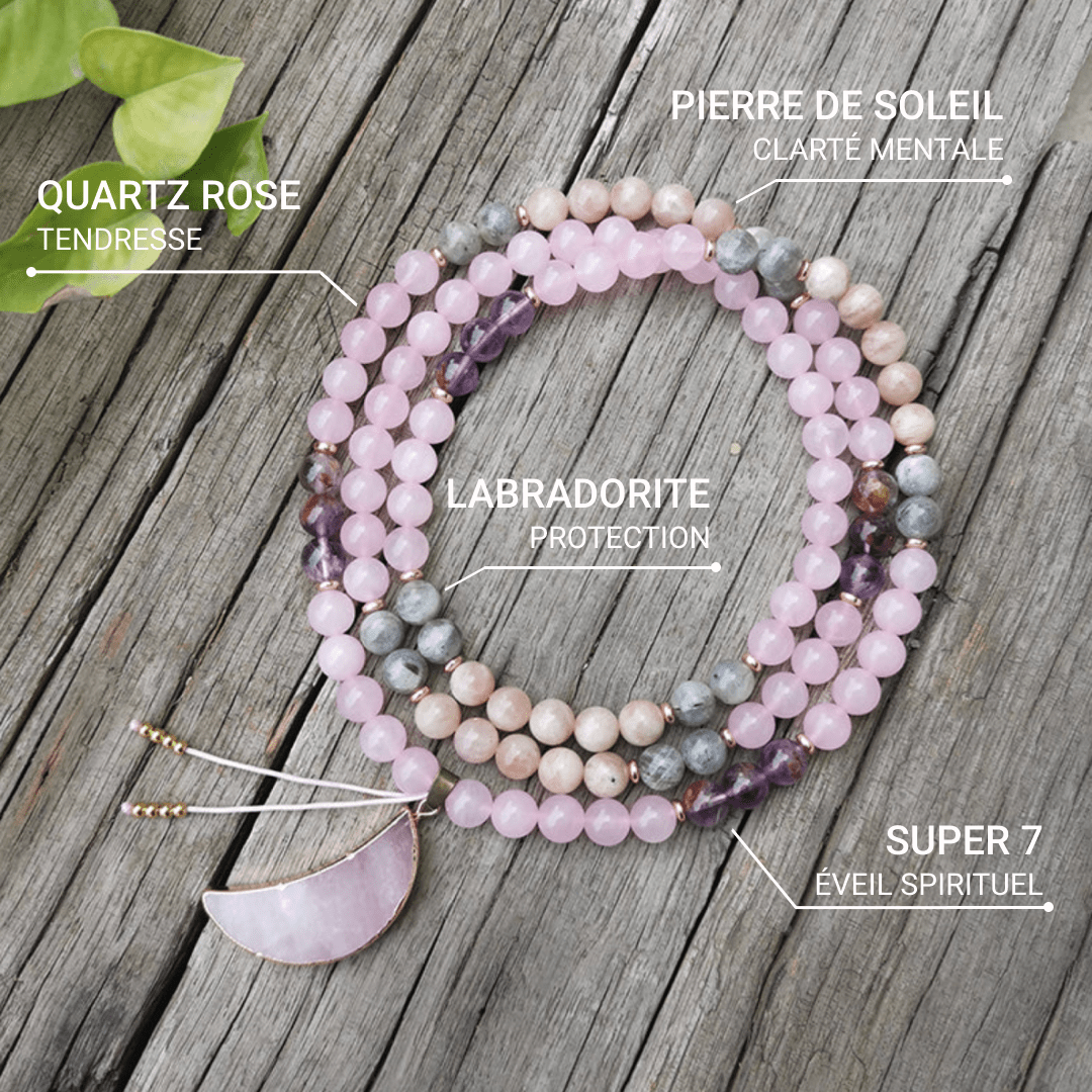 Collier Mala "Lune Rose" en Super 7, Pierre de Soleil, Quartz Rose & Labradorite - Bijou de Bien-être et Harmonie