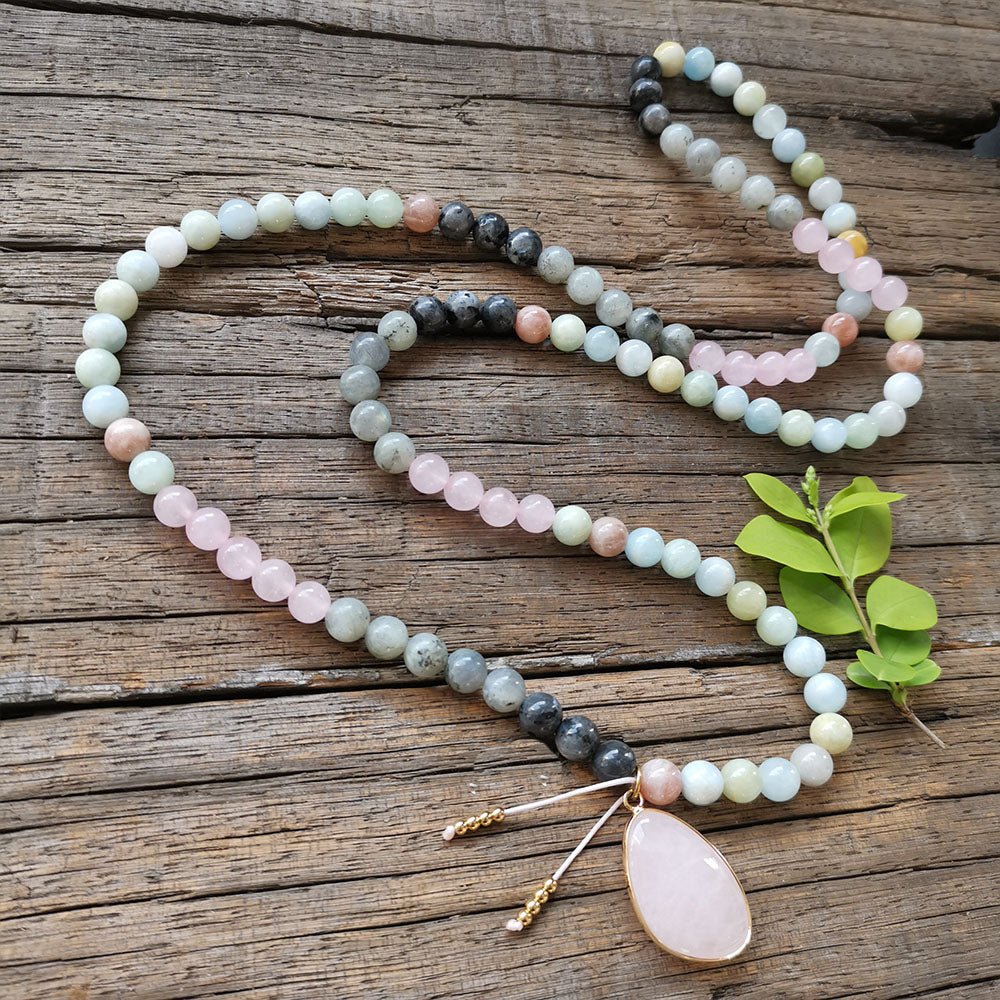 Collier Mala Premium "Sérénité de l'Esprit" en Labradorite, Aigue-Marine & Quartz Rose - Bijou de Bien-être et Harmonie