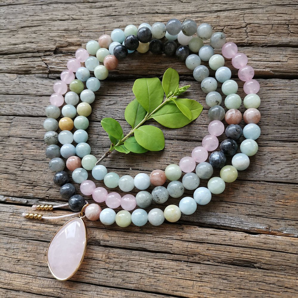 Collier Mala Premium "Sérénité de l'Esprit" en Labradorite, Aigue-Marine & Quartz Rose - Bijou de Bien-être et Harmonie