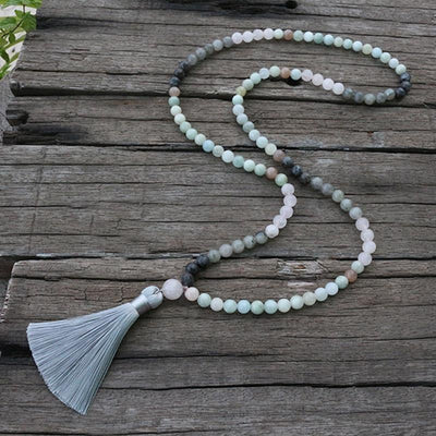 Collier Mala Premium "Sérénité de l'Esprit" en Labradorite, Aigue-Marine & Quartz Rose - Bijou de Bien-être et Harmonie