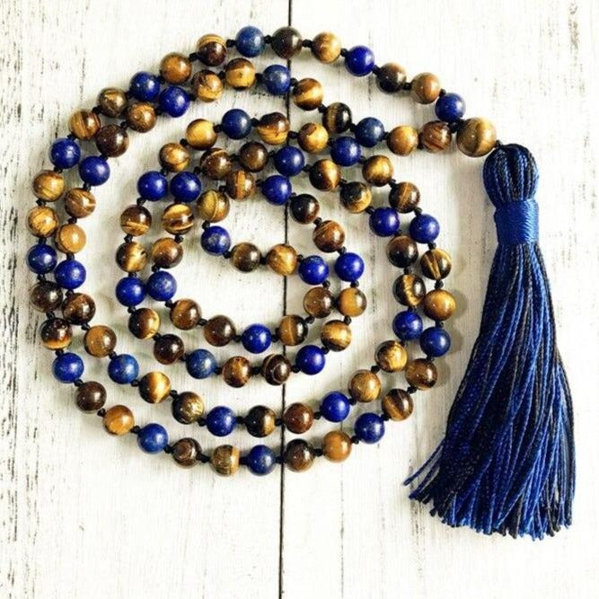 Collier Mala "Protection & Communication" en Lapis Lazuli & Oeil de Tigre - Bijou de Bien-être et Harmonie