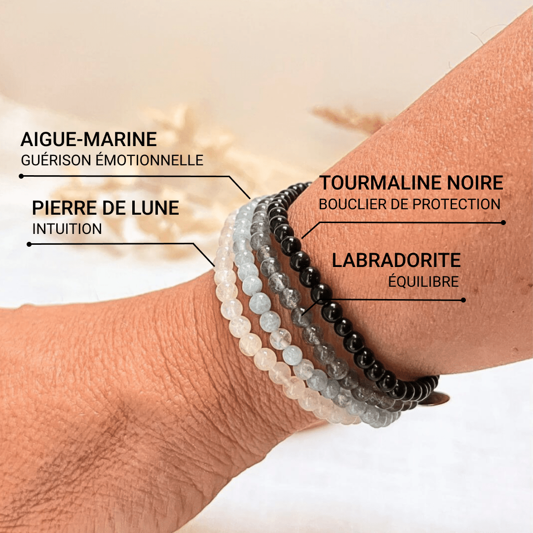 Ensemble "Force Intérieure & Protection" en Labradorite, Pierre de Lune, Aigue-Marine & Tourmaline Noire - Bijou de Bien-être et Harmonie