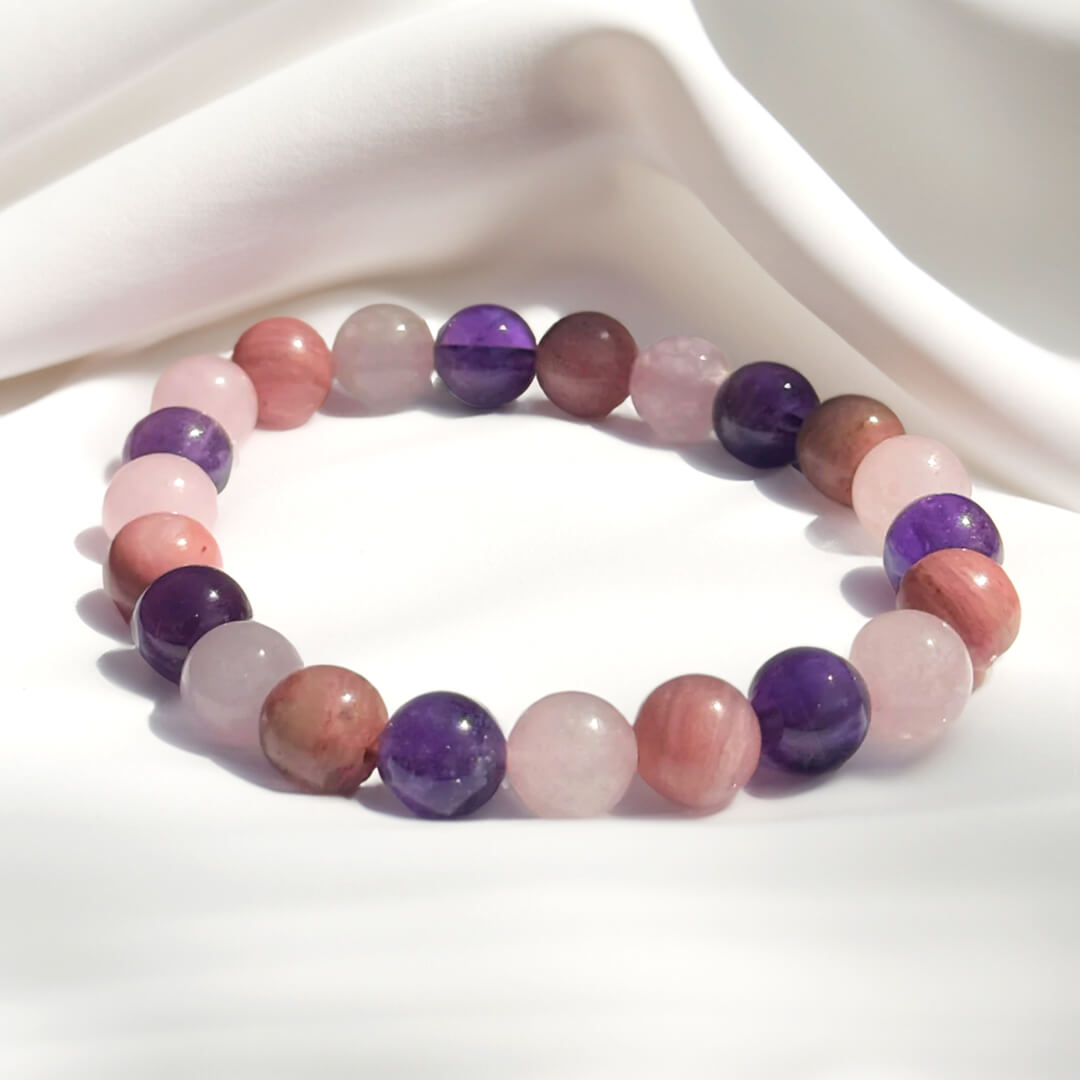 Bracelet "Amour de Soi" en Rhodonite, Quartz Rose & Améthyste - Bijou de Bien-être et Amour