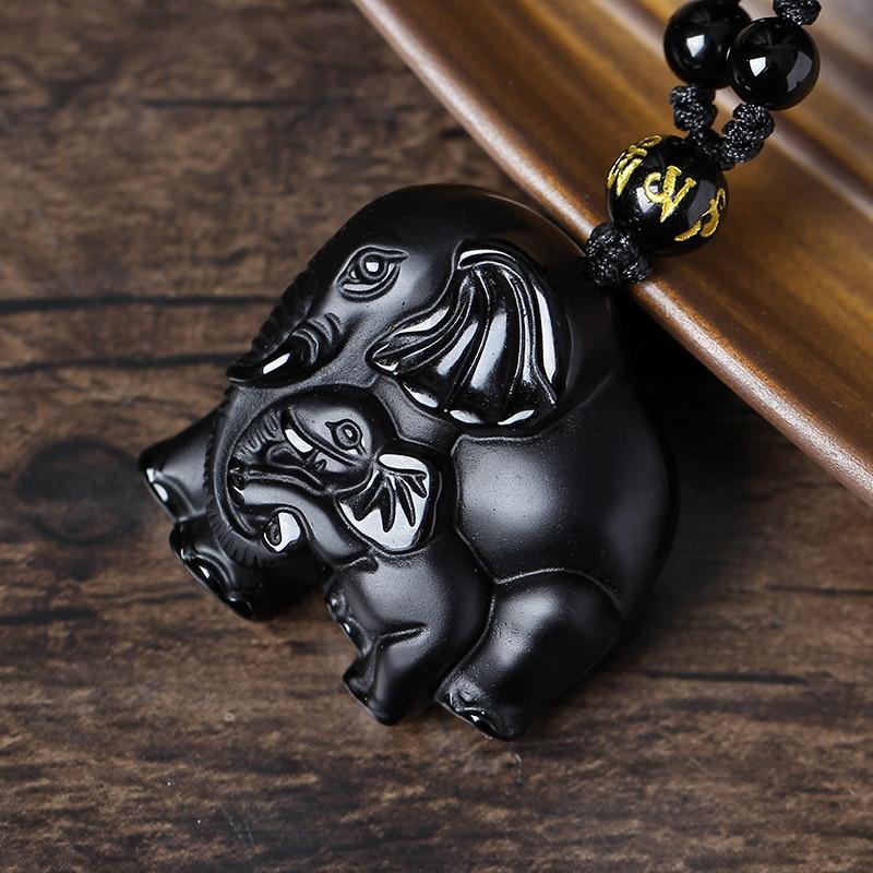 Pendentif "Éléphant" en Obsidienne Noire - Bijou de Bien-être et Harmonie