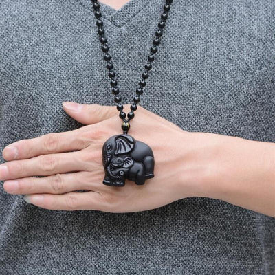 Pendentif "Éléphant" en Obsidienne Noire - Bijou de Bien-être et Harmonie