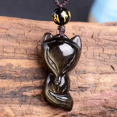 Pendentif "Renard Sage" en Obsidienne Dorée - Bijou de Bien-être et Harmonie