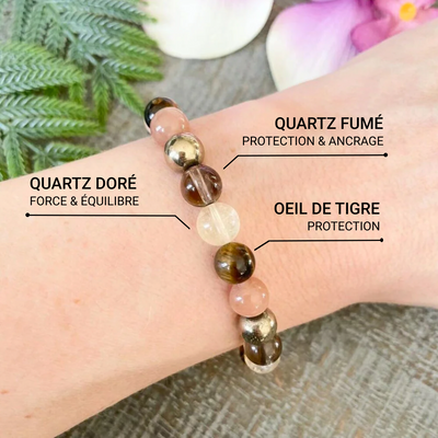 Bracelet "Énergie Solaire" en Quartz Fumé, Oeil de Tigre & Quartz Rutile Doré - Bijou de Bien-être et Harmonie