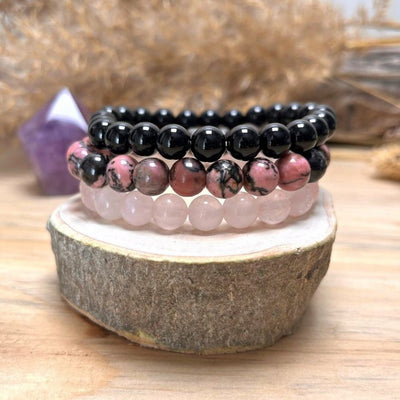 Trio de Bracelets "Paix & Équilibre" en Onyx, Quartz Rose & Rhodonite - Bijou de Bien-être et Harmonie