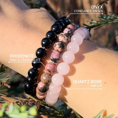 Trio de Bracelets "Paix & Équilibre" en Onyx, Quartz Rose & Rhodonite - Bijou de Bien-être et Harmonie